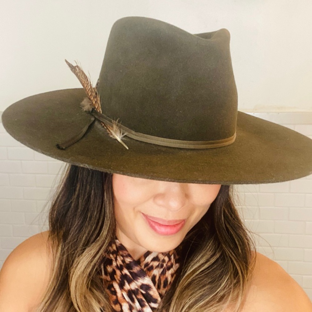 Authentic Custom Stetson Rabbit Felt Fur Green Sage Western Flat Brim Hat
